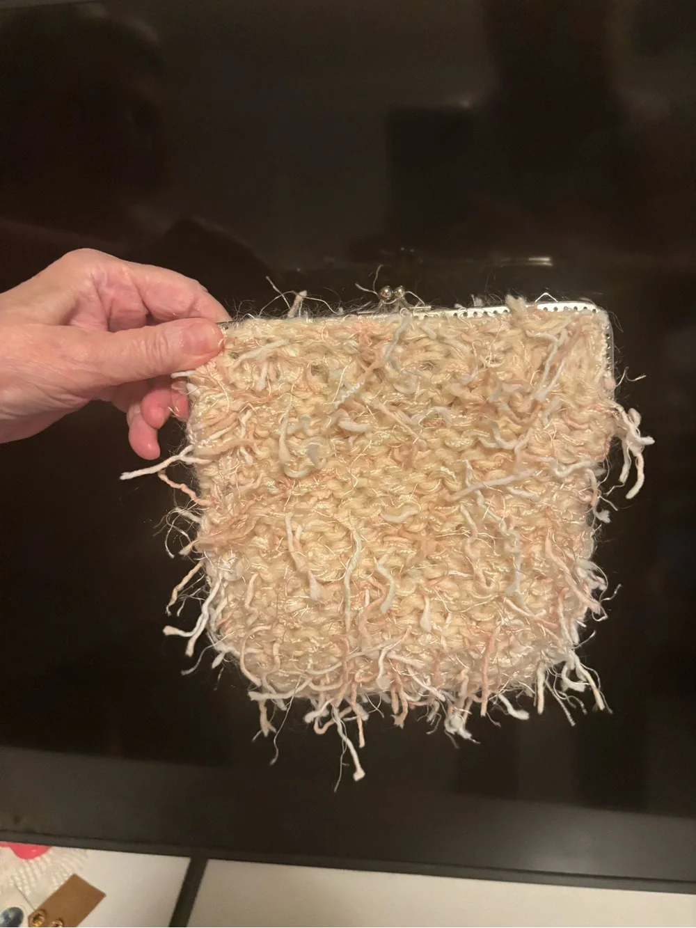 Handcrafted Peach Knit Fringe Wristlet Clutch